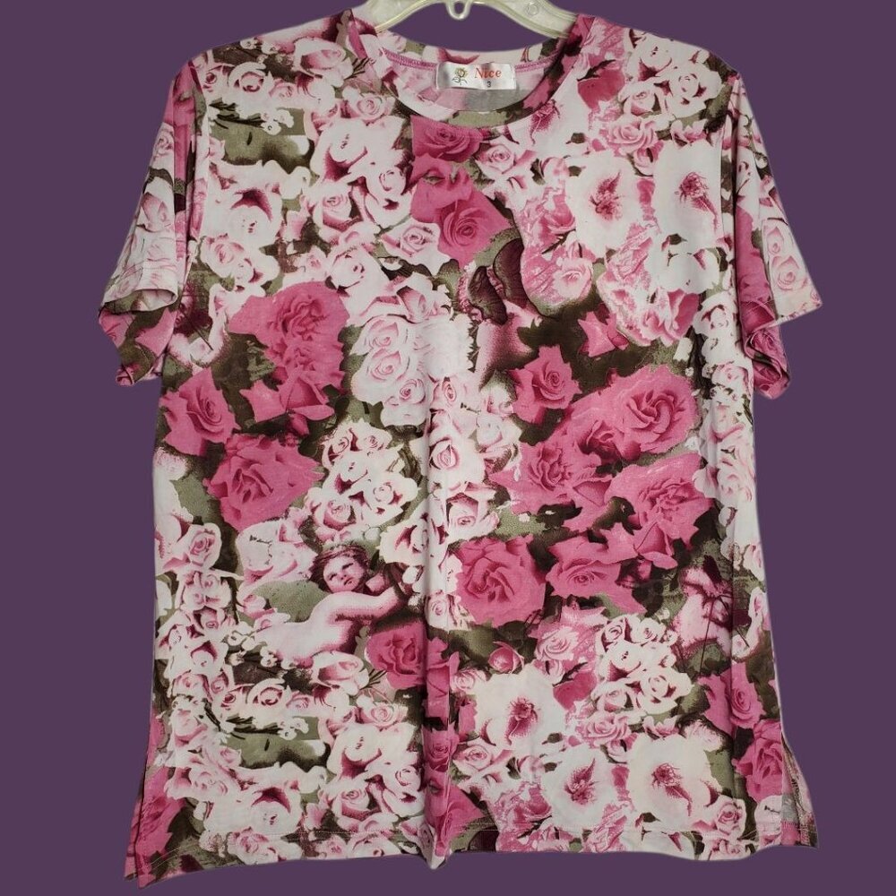 Nice Pink Floral Womens Short-Sleeve Top Size 3 - Picture 2 of 9